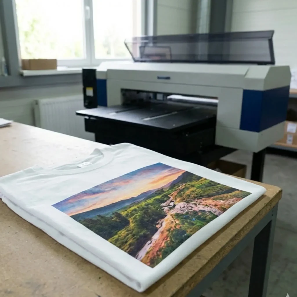 Biała koszulka z kolorowym nadrukiem cyfrowym (DTG).