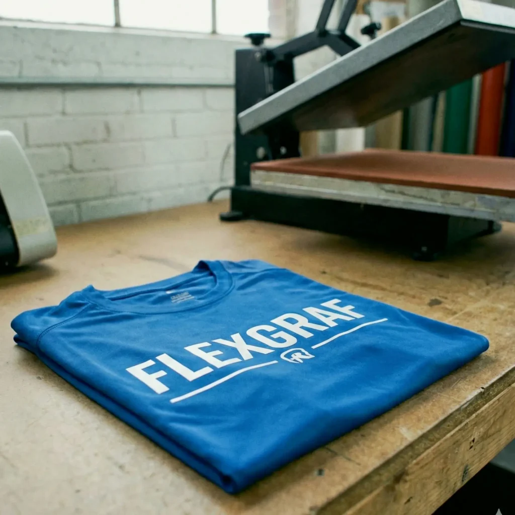 Niebieska koszulka z logo FLEXGRAF i prasa termotransferowa.