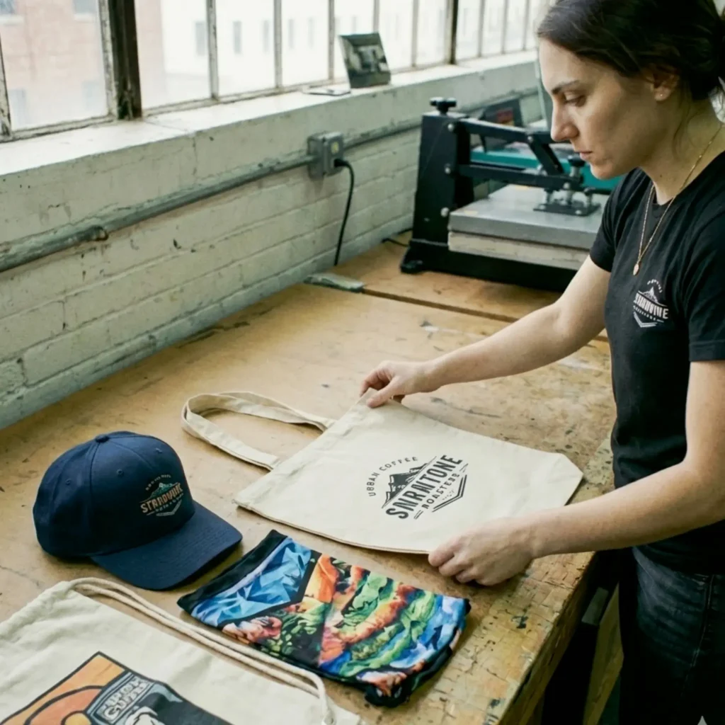 Zestaw gadżetów reklamowych: torba, czapka i chusta z nadrukiem.