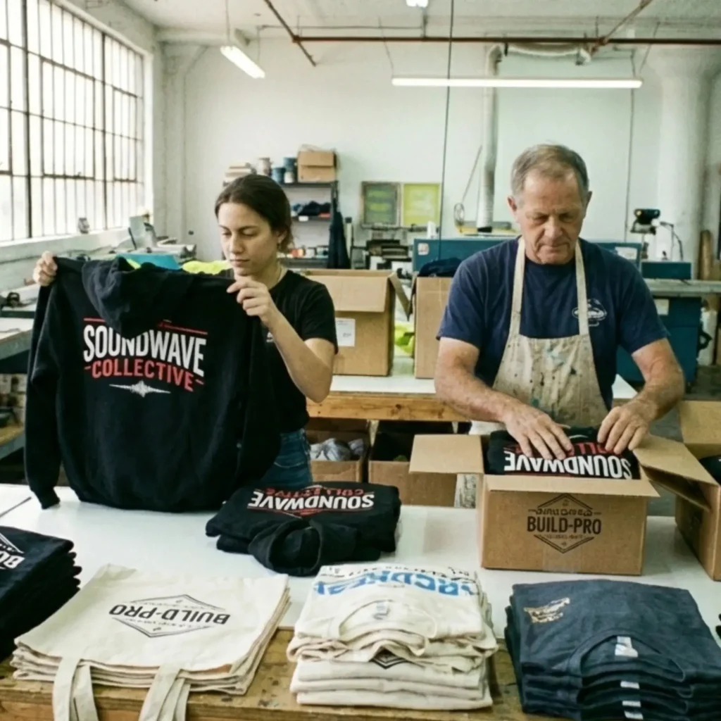 Pakowanie i wysyłka odzieży z logo Soundwave Collective i Build-Pro.