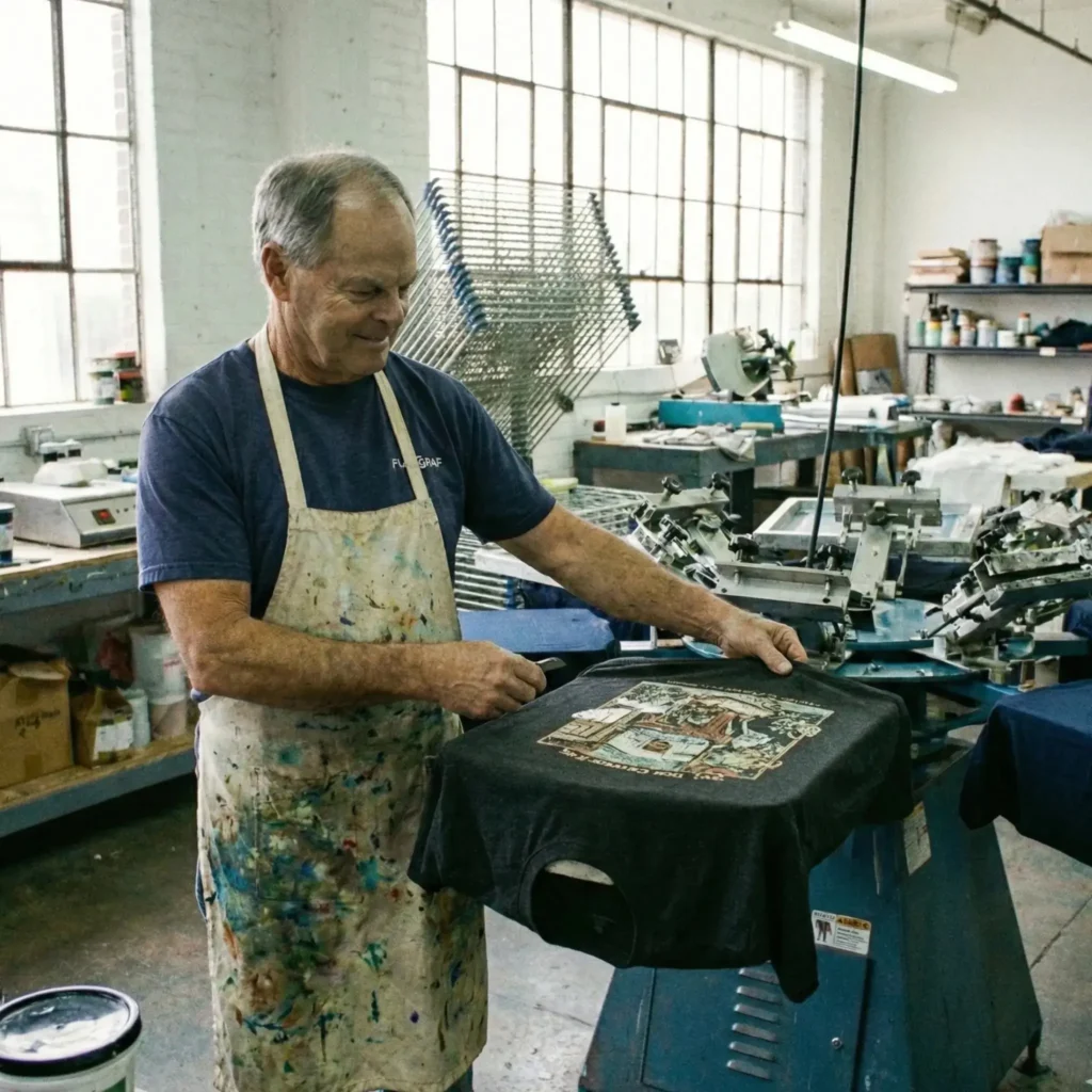 Prezentacja gotowego nadruku sitodrukowego na czarnej koszulce.