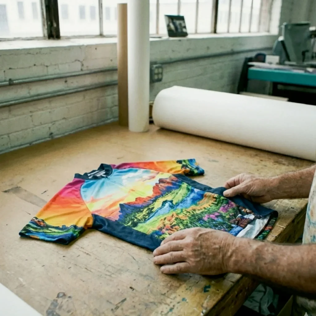 Składanie gotowej koszulki z kolorowym nadrukiem górskim.